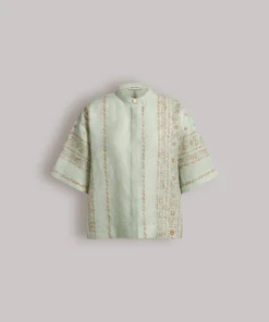 Camicia in lino stampato con collo alla coreana